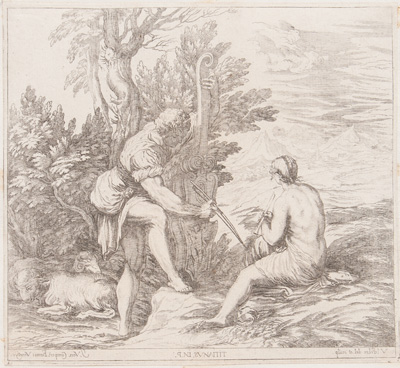 Veronese etching from 1682 Young Man playing a Violone and Woman in a Landscape